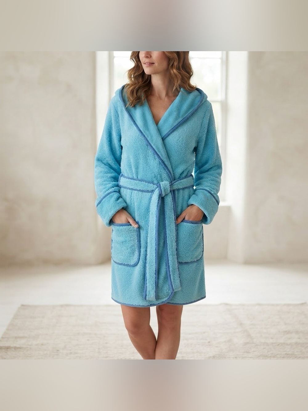 Bluenotes Blue Fluffy Hooded Robe Plush Lounge Pocket Tie Loungewear Size M